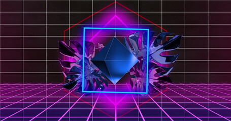 Poster - Neon geometric shapes and glowing grid image with futuristic design elements