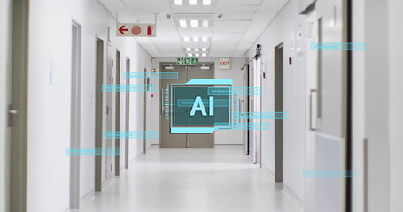 Poster - AI technology image over hospital corridor with doors and emergency signs