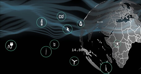Poster - Global energy and environmental data image over rotating Earth with icons