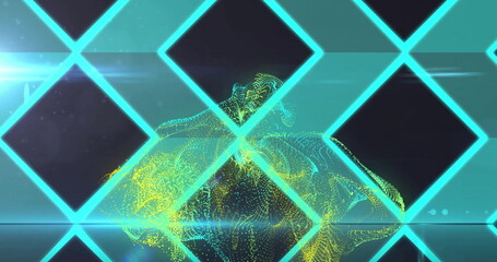 Poster - Geometric shapes and glowing lines image over abstract digital landscape