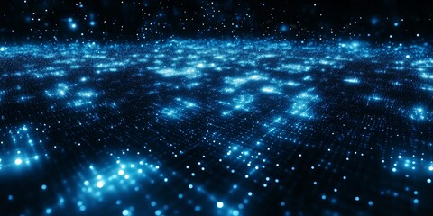 Poster - Glowing blue particles forming a digital landscape.