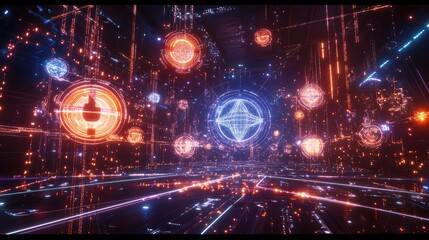 Poster - Big data ecosystem represented by glowing interconnected nodes and holographic analytics in a futuristic grid environment