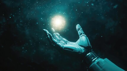 Aufkleber - Close-up of a robotic hand reaching out towards a glowing digital object, clean minimal futuristic concept