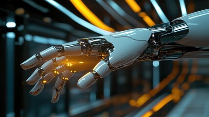 Aufkleber - Close-up of a robotic hand reaching out towards a glowing digital object, clean minimal futuristic concept
