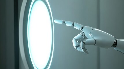 Aufkleber - Close-up of a robotic hand reaching out towards a glowing digital object, clean minimal futuristic concept