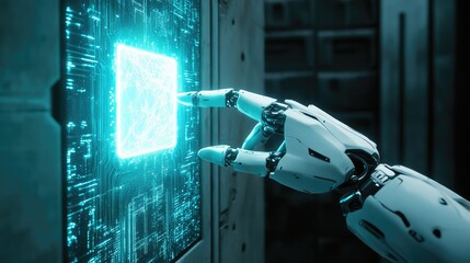 Aufkleber - Close-up of a robotic hand reaching out towards a glowing digital object, clean minimal futuristic concept