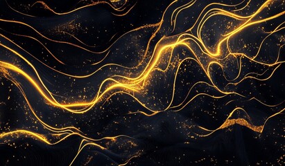 Poster - Abstract gold glowing lines and particles on black background.