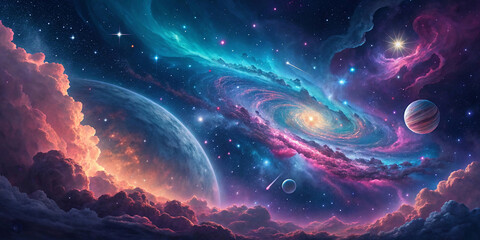 Wall Mural - planet in space, colorful space galaxy cloud nebula. stary night cosmos. universe science astronomy.