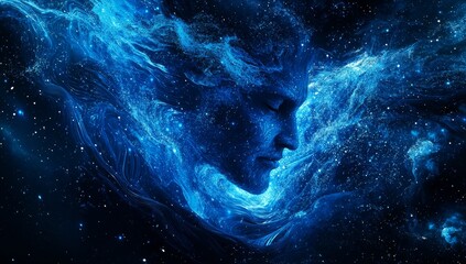 Wall Mural - serene face emerging from cosmic nebula, blue energy swirls.