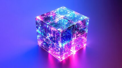 Poster - Floating D AI cube glowing with circuits, surrounded by particle effects and futuristic gradients on a clean background