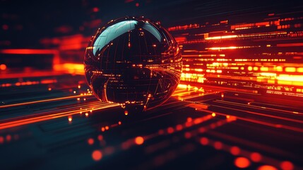 Poster - Futuristic glowing sphere surrounded by digital grids, light trails, and high-tech data nodes on a clean background