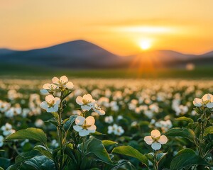 Sticker - Sunset over a field of white flowers.