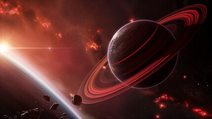 Wall Mural - cosmic landscape with rings around a planet and a glowing sun backdrop. generative ai