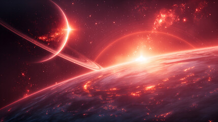 Wall Mural - cosmic landscape with rings around a planet and a glowing sun backdrop. generative ai