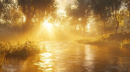 Wall Mural - Golden sunrise over tranquil stream in misty forest.