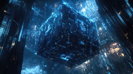 Poster - Holographic AI cube floating in space with glowing connections, surrounded by futuristic light patterns and particle effects