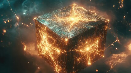 Poster - Holographic AI cube floating in space with glowing connections, surrounded by futuristic light patterns and particle effects