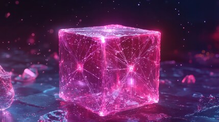 Poster - Holographic AI cube floating in space with glowing connections, surrounded by futuristic light patterns and particle effects