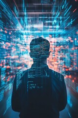 Poster - Digital Landscape with Silhouette of a Person Surrounded by Data Flow