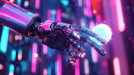 Aufkleber - Robotic arm holding a glowing digital object, surrounded by abstract light trails and futuristic design elements