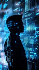 Poster - Silhouette of Person Looking at Digital Data Visualization Background