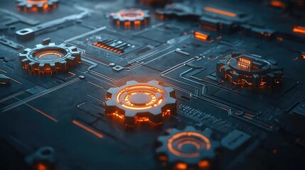 Aufkleber - Visualization of automated control systems with glowing mechanical gears and dynamic workflows on a clean background