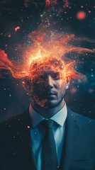 Poster - Man in Suit with Abstract Explosion of Light and Energy Above Head