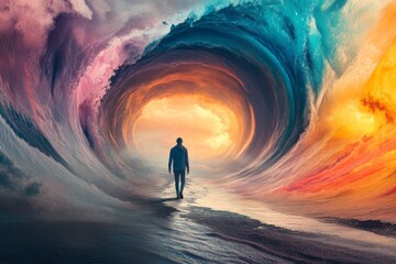 Wall Mural - A man walks through a tunnel in a colorful ocean