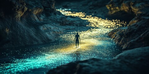 Wall Mural - A person is walking down a river with a glowing trail behind them