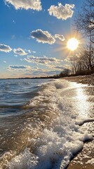 Sticker - Sunlit waves gently lapping sandy shore.