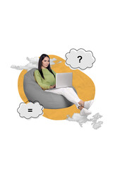 Wall Mural - Vertical collage picture of intelligent girl sit beanbag use netbook question mark equal symbol cloud bubble isolated on creative background