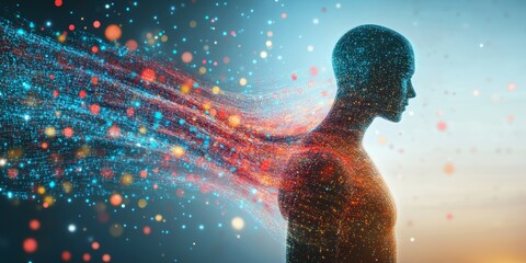 Poster - Futuristic Human Silhouette with Digital Particles and Light Trails