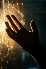 Poster - Hand Reaching Towards Glowing Light Connected by Web of Lines