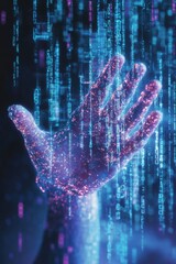 Poster - Futuristic Hand Reaching Amidst Glowing Binary Code Background
