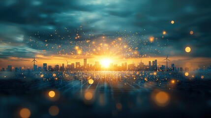Poster - Global transition glowing pathways connecting cities urban landscape digital art dramatic atmosphere wide-angle view futuristic concepts