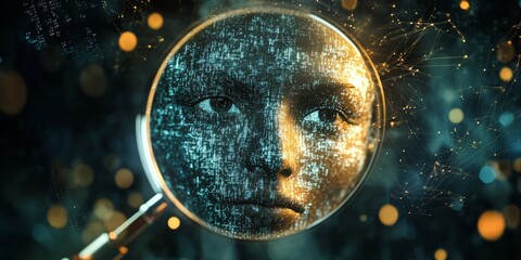 Poster - Human Face Reflected in Magnifying Glass with Digital Elements