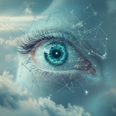 Poster - Eye with Digital Connections and Cloudy Background Concept Art