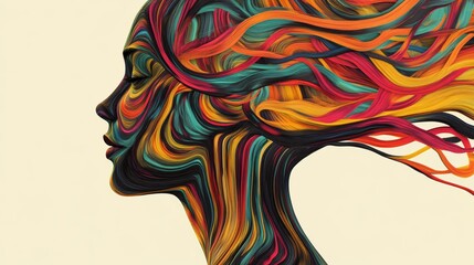 Poster - Vibrant Abstract Portrait with Flowing Lines and Colorful Strands