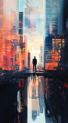 Poster - Urban Skyline Reflection at Dusk with Silhouette in the Foreground