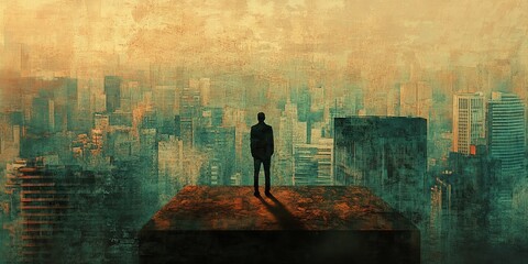 Wall Mural - Urban Solitude: Person Standing on a Rooftop Overlooking Cityscape