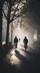 Poster - Bicyclists Riding Through Foggy Park Path at Dawn with Trees