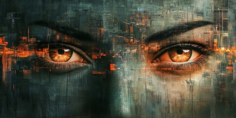 Poster - Mesmerizing Eyes Surrounded by Abstract Digital Cityscape Background