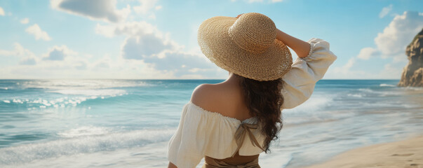 Stylish woman in straw hat enjoying ocean breeze at beach, with serene expression and beautiful scenery