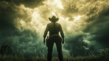 Wall Mural - A man in a cowboy hat stands in a field of tall grass