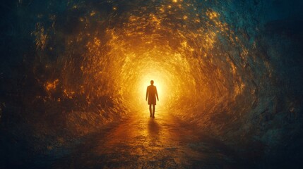Wall Mural - a man walks through a tunnel with a bright orange glow