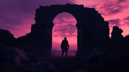 Wall Mural - A man stands in front of a large archway in a desolate landscape