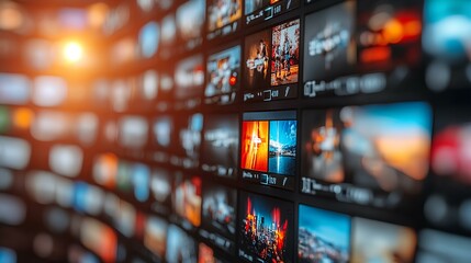 Poster - Abstract multimedia background with various channel images, web streaming media tv  video technology