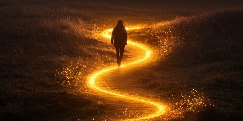 Wall Mural - A person is walking down a path that is illuminated with a golden glow