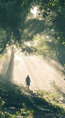 Poster - A person is walking through a forest with sunlight shining through the trees