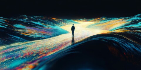 Wall Mural - a person is walking down a path in a colorful, abstract landscape